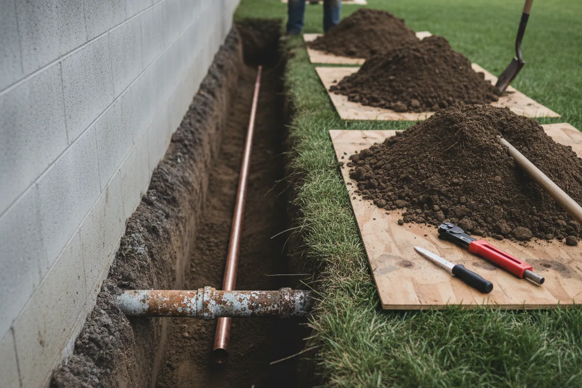 Excavated water line trench during Water Softener Installation in Alamo